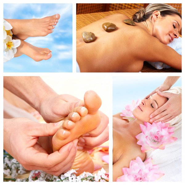 Beautiful Spa massage collage background. Relaxing people.
