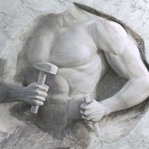 athletic man cuts his body of marble stone